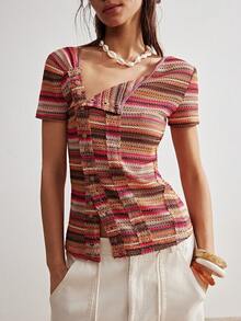 Bohemela Women's Pink Stripe Y2K Summer Boho Vacation Imitation Crochet Knitted Asymmetrical Placket T-Shirt,Bohemian Music Festival Casual Short Sleeve Top - Multicolor - View 5