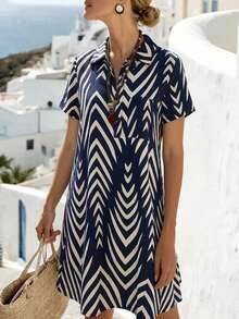 Balvessa Women's Geometric Print Short Sleeve Casual Mid-Length Dress - Blue - View 1