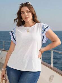 Rosumi Plus Size Women's Summer Boho Vacation Holiday Blue And White Floral & Striped Patchwork Ruffle Short Sleeve Blouse Top,Country Concert Outfits - Multicolor - View 1