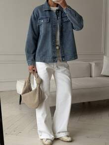 Women's Long Sleeve Single-Breasted Casual Pocket Denim Jacket - Blue - View 4