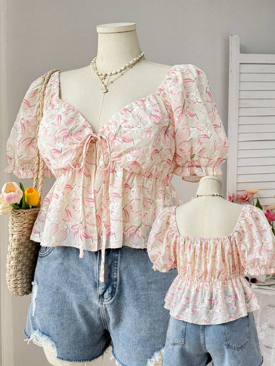 SHEIN EZwear 大码印花荷叶边短袖休闲度假衬衫,春夏款 - 彩色 - 查看 1