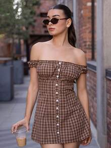 Andrea Bello 女士休闲时尚修身格子露肩迷你连衣裙 - 咖啡棕 - 查看 6