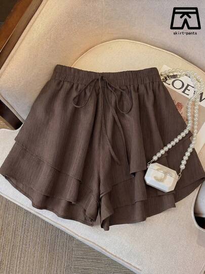 Resyla Plus Size Women's Drawstring Waist Solid Color Skorts, Suitable For Travel, Vacation, Commute And Dating