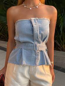 Livesso Women's Cotton Frayed Hem Waist Denim Blouse, Summer - Light Wash - View 4