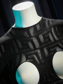 SpicyHot 女士性感内衣连体裤，黑色薄纱长袖高弹力网纱提花透视派对连衣裙 - 黑色 - 查看 6