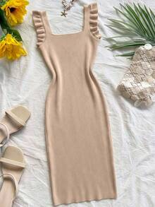 SHEIN Neues romantisches Vintage-Urlaubskleid im europäischen und amerikanischen Stil, hochwertiges Design mit quadratischem Ausschnitt, rückenfreiem sexy Bombshell-Look, weicher beiger Strickstoff, figurbetontes Midi-Kleid mit zarter Rüschenkante, ärmelos, Casual-Wear; minimalistisches einfarbiges personalisiertes Bodycon-Partykleid mit hoher Taille und Strickpullover-Optik für Damen - Khaki - Übersicht 5
