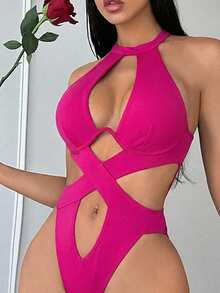 SHEIN SXY 性感露背吊带连体衣 - 玫紅色 - 查看 3