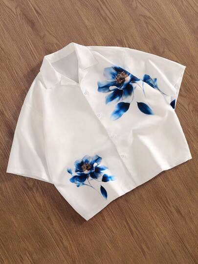 TOKVUE Men's Casual Short Sleeve Shirt, Button Front, Loose Cropped Fit, Woven Top, Floral Pattern Design, Unisex Couple Outfit, Holiday Gift, Boyfriend Gift