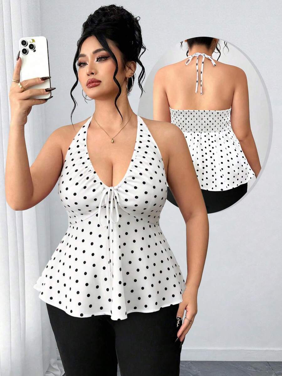 SHEIN Elenzya Áo hai dây chấm bi gợi cảm, thanh lịch dành cho nữ cỡ lớn, đa năng, phù hợp đi làm, thiết kế ôm sát với lưng thun giúp tôn dáng, thích hợp cho các hoạt động hàng ngày, đi làm và hẹn hò. - Đen và trắng - Xem 1