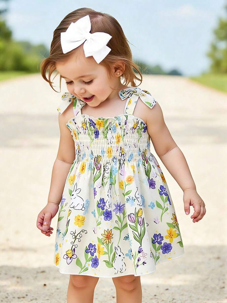 SHEIN Playful Pals 女童无袖褶皱彩色中长连衣裙，休闲公主风，适合度假和聚会 - 彩色 - 查看 1