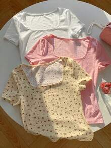 Comfortcana 3件套咖啡棕色和白色针织圆领短袖T恤女装 - 彩色 - 查看 2
