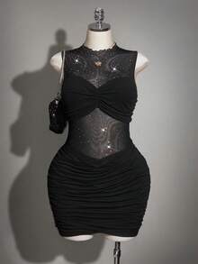 SHEIN ICON Sexy Partykleid in Große Größen für Frauen, schwarzes ärmelloses Mesh-Patchwork-Bodycon-Kleid, Cocktailkleid - Schwarz - Übersicht 1