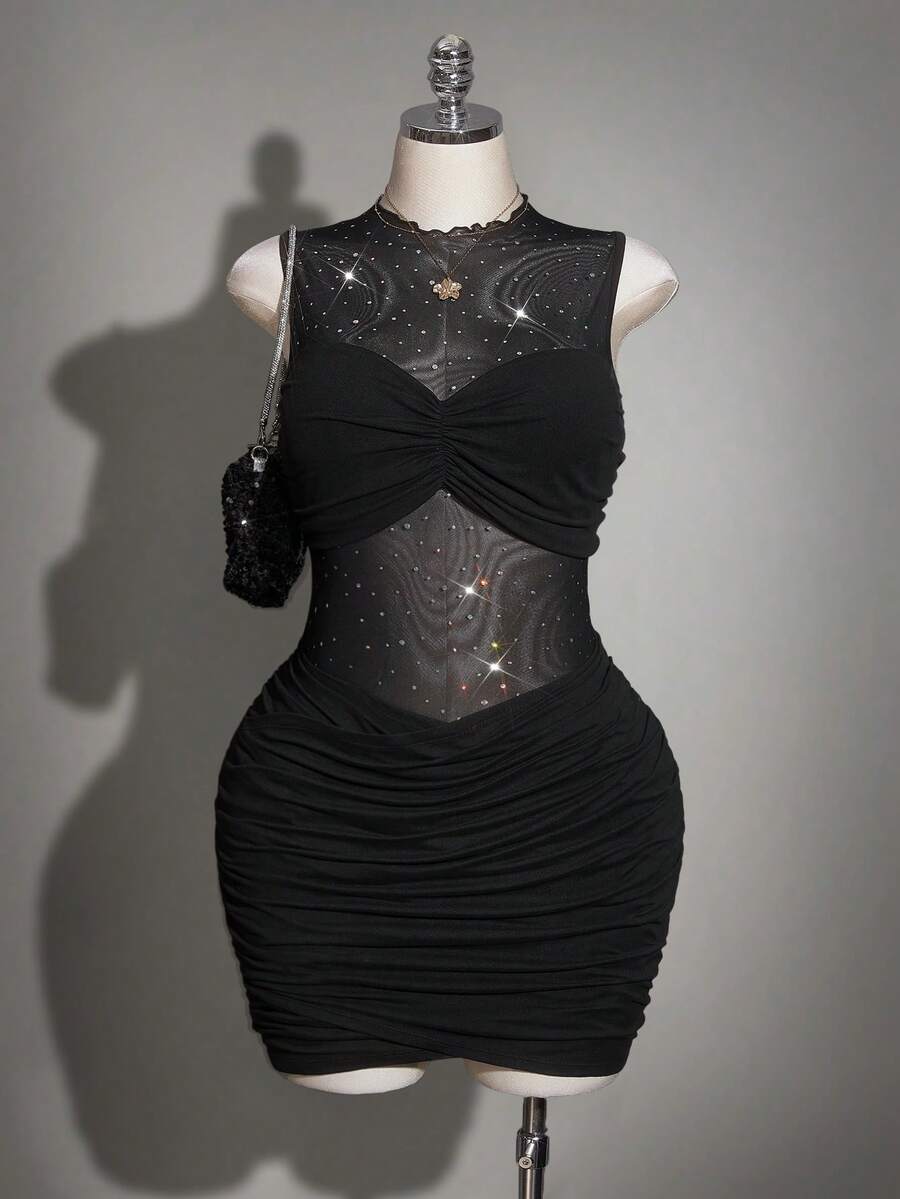 SHEIN ICON Sexy Partykleid in Große Größen für Frauen, schwarzes ärmelloses Mesh-Patchwork-Bodycon-Kleid, Cocktailkleid - Schwarz - Übersicht 1