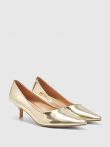 CUCCOO BIZCHIC Zapatos de tacón de aguja de gatito con punta afilada y diseño minimalista para mujer, simples y elegantes para la oficina y el trabajo - Dorado - Ver 2