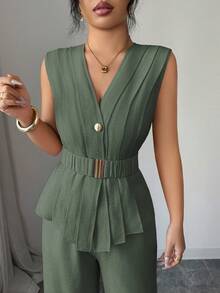 Elenzga 女款鼠尾草綠夏季優雅通勤兩件套，法式V領百褶不對稱下擺收腰喇叭褲，亞麻感面料套裝 - 軍綠色 - 查看 5