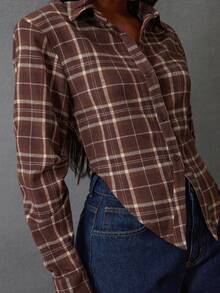 NYA SZN 棕色格子长袖衬衫，纽扣领，商务休闲宽松款式，适合节日、假日派对等场合，尽显奢华优雅，女士必备单品 - 咖啡棕 - 查看 5