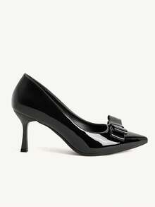 CUCCOO CHICEST Women's Elegant Bowknot Decor Pointed Toe Glossy Pumps, Suitable For Work And Commute Valentine's Day Elegant Shoes Wedding Shoes Summer Shoes Bride Shoes - Black - View 4