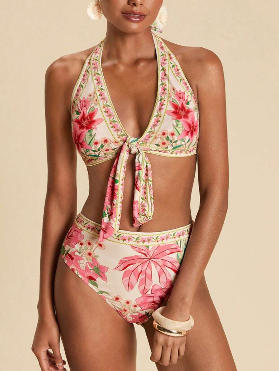 Travachic Bộ bikini gợi cảm buộc dây phía trước, họa tiết hoa, dành cho nữ, thích hợp mặc đi biển mùa hè. - Nhiều màu - Xem 1