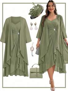 Reflora Plus Size Women's Sage Green Summer Elegant Dress & Robe Set,Ruffle Trim Rhinestone Camisole Dress,Wedding Guest Formal Party Luxury Evening Gown - Green - View 11