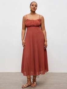 Maija 2026 大码砖红色春夏度假连衣裙，现代波西米亚纯色无袖沙滩裙 - 棕色 - 查看 4