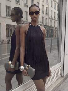 Maija Women's Tassel Neck Tie Fashionable Date Party Mini Dress - Black - View 5