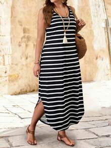 Breezaya 大码休闲条纹无袖开衩连衣裙，夏季女士长款套装 - 彩色 - 查看 5