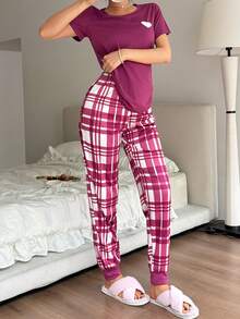 ZzzCrew Bộ đồ ngủ nữ gồm áo tay ngắn in hình trái tim và quần kẻ caro, kiểu dáng thường ngày. - Màu tím - Xem 4