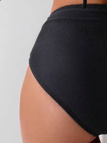 Swim Basics 女士纯色泳裤，适合海滩/度假穿着，女士泳装下装，全包臀比基尼下装，低腰全包臀泳裤，黑色无缝内裤，女士高腰比基尼，女士泳装，收腹泳裤，夏季黑色内裤，黑色泳裤，全包臀泳裤，收腹泳衣，黑色内裤，黑色比基尼下装，女士泳裤，高腰比基尼下装 - 黑色 - 查看 4