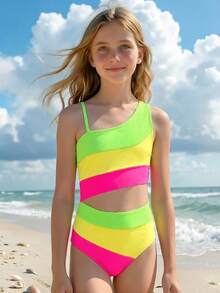 SHEIN Bộ đồ bơi liền thân phối màu dành cho bé gái tuổi teen, thích hợp cho kỳ nghỉ biển, tiệc bể bơi, tiệc bãi biển. - Nhiều màu - Xem 3