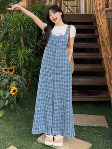 DAZY 女士格子休闲水洗方格印花牛仔背带裤 - 中等水洗藍 - 查看 2