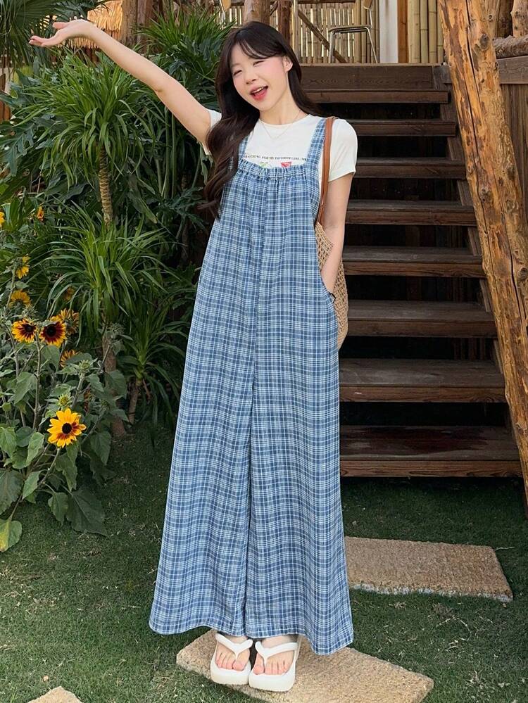 Women's Plaid Casual Washed Checkered Print Denim Bib Pants