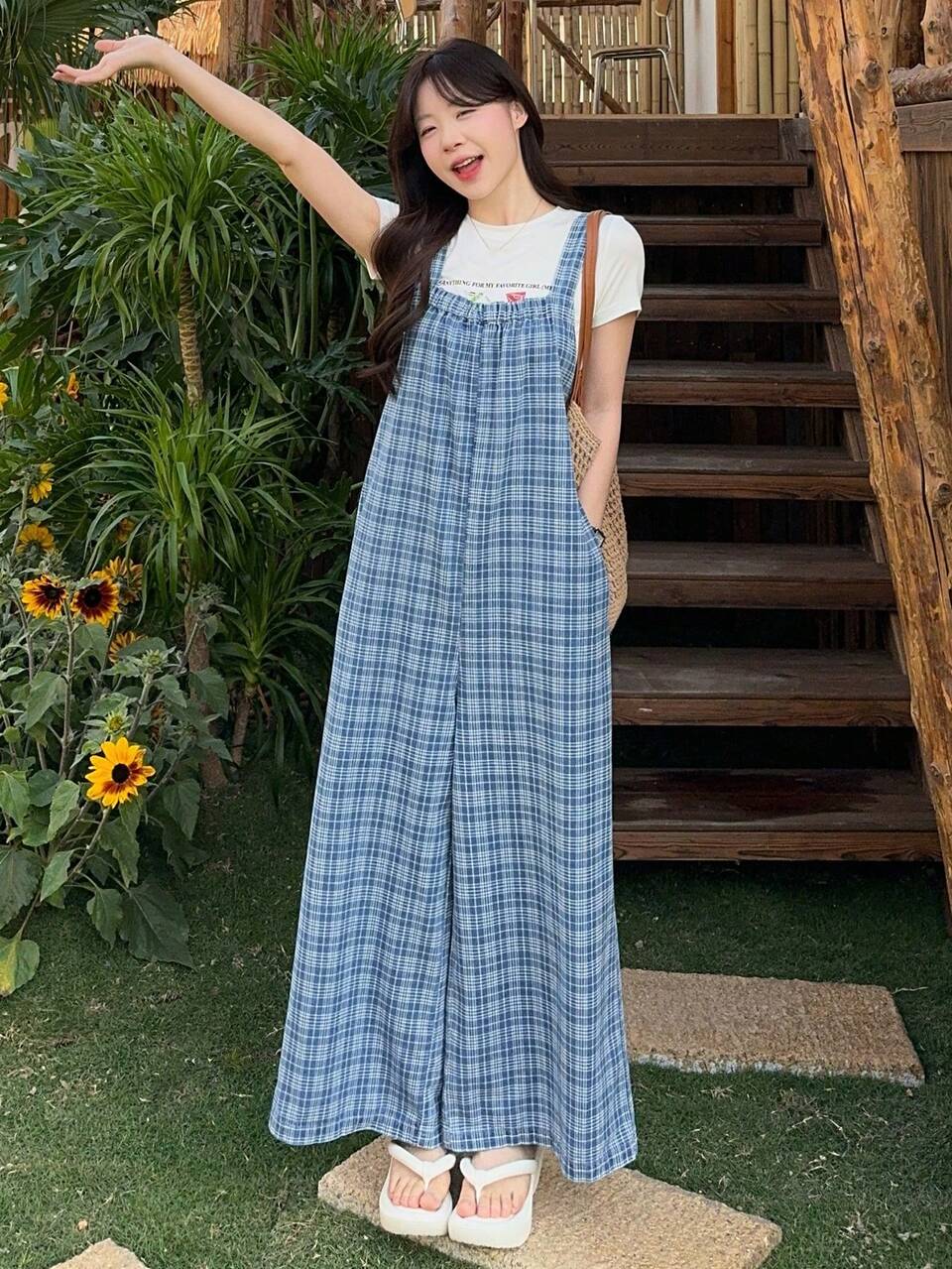Women's Plaid Casual Washed Checkered Print Denim Bib Pants