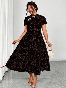 Elenzga Vestido de fiesta elegante con efecto de cintura para mujer de talla grande con lunares - Negro - Ver 4