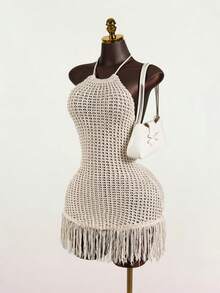 SaltGleam SaltGleam 女士夏季针织流苏连衣裙 - 杏色 - 查看 7