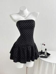 Elamini Nuevo vestido de verano con diseño de volantes estilo francés dulce, sin tirantes, ajustado, con bajo escalonado elegante, adecuado para fiestas, citas, festivales de música, playa - Estampado de lunares negros - Negro - Ver 6