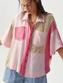 Bohemela Chemise décontractée pour femmes à manches courtes, coupe ample, en patchwork tissé - Rose bonbon - Voir 3