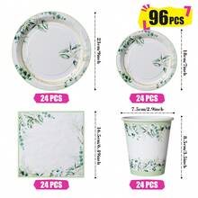 Platos, servilletas y vasos desechables con borde de hojas verdes, set de suministros para fiestas, sirve a 24 personas, vajilla de papel desechable para fiestas, adecuada para cumpleaños, bodas, fiestas temáticas y picnics familiares. - Ver 2