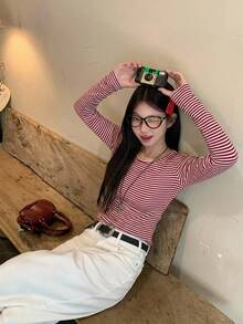 DAZY Kaos Lengan Panjang Kasual Gaya Korea Bergaris Leher Bulat untuk Wanita, Cocok untuk Musim Semi dan Musim Gugur - Red and White - View 4