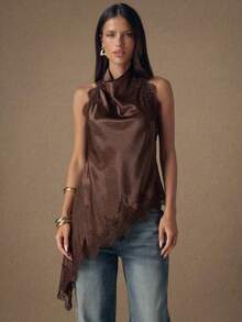 SHEIN BAE 咖啡色蕾丝拼接露背系带无袖女式上衣，蕾丝饰边，适合晚宴、鸡尾酒会、正式场合，优雅无袖设计，适合度假、夜间外出、婚礼宾客，春夏秋季皆宜。 - 棕色 - 查看 4