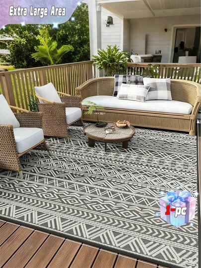 Outdoor Teppich Bodenmatten, flachgewebte Textur mit Faltlinien, Outdoor Terrassen Teppich, Boho-Stil Outdoor Bereichsteppich, geeignet für Terrassen, Decks, Vorderporch, Hinterhof, Balkone, grau und weiß