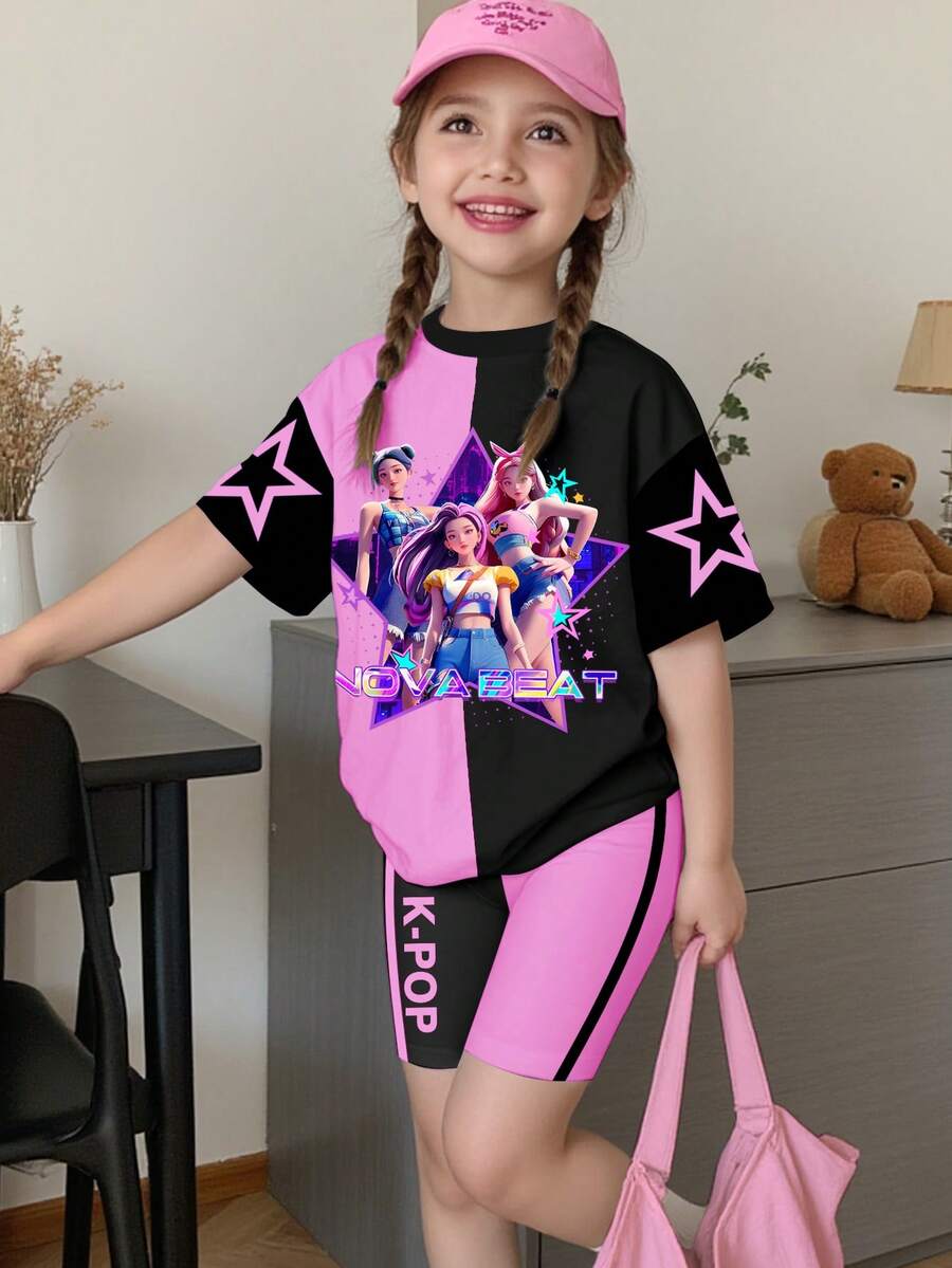 2pcs/Set Young Girl Casual Fashionable Colorful K-POP Girl Group Letter & Star Print, KPOP Style Printed Shirt And Shorts 2-Piece Set,Kids - Multicolor - View 1