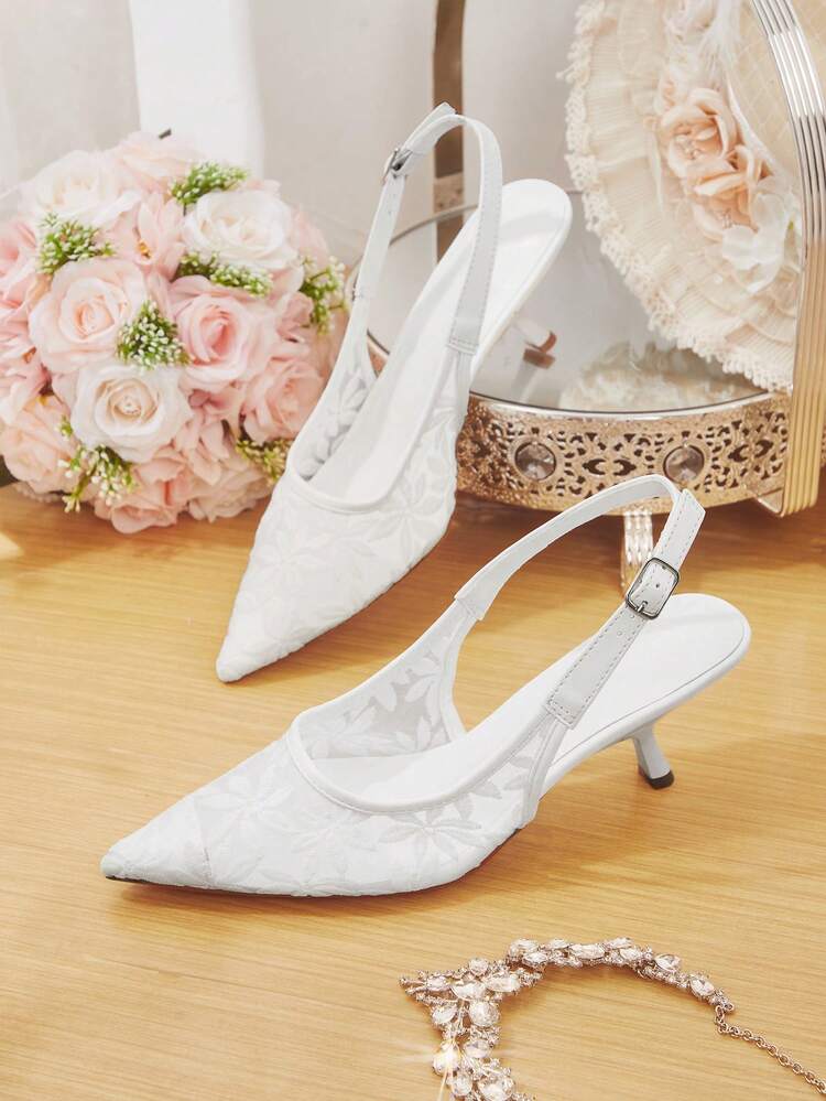 CUCCOO HITCHD Women's Shoes Lace Embroidery Pointed Cat Heel Elegant Romantic White Lace Mesh High Heels, Bridal, Bridesmaid, Party, Wedding Christmas Dress Shoes