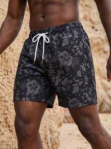 Palasendo Men's Floral Print Casual Beach Shorts Men Black Swim Trunks Black Hawaiian Swim Shorts Men Floral Swim Trunks - Grey - View 4