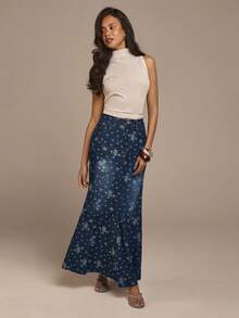 COSMINA 女士优雅玫瑰提花美人鱼长款牛仔半身裙，通勤、办公、休闲约会、春季皆宜 - 深色水洗藍 - 查看 4