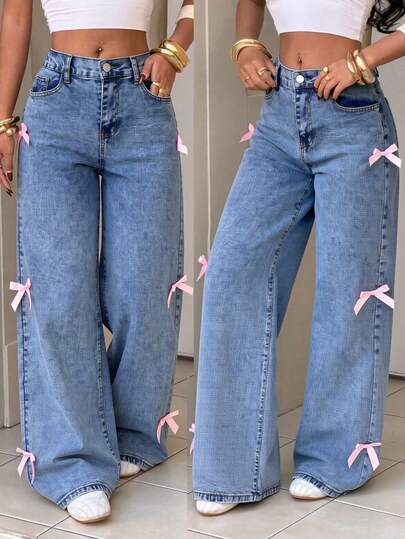 Jeans de Pierna Ancha con Elasticidad de Cintura Media con Lazos Rosados de Color Azul Claro para Mujer, Pantalones que Levantan las Nalgas