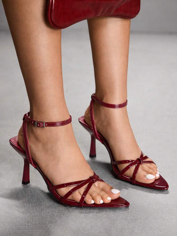 CUCCOO SZL Women Shoes Spring And Summer New Burgundy Pointed Thin High Heel Thin Strap Ankle Strap Women's High Heel Sandals Fashion Comfortable Versatile Sexy Party Women's Sandals Prom Heels