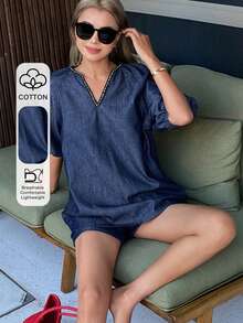 DAZY Women's Summer V-Neck Rhinestone Decor Denim Top And Loose Shorts Casual City Denim Set - Dark Wash - View 1