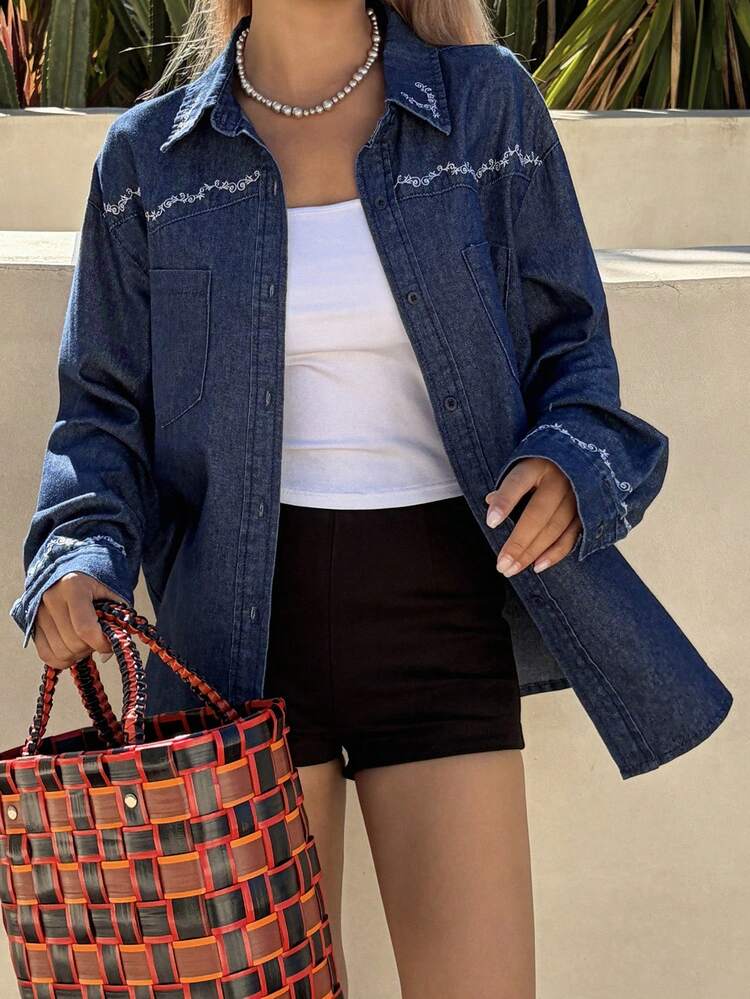 Women's Turndown Collar Long Sleeve Loose Casual Denim Blouse With Large Pockets And Floral Embroidery, Suitable For Urban Leisure And Vacation