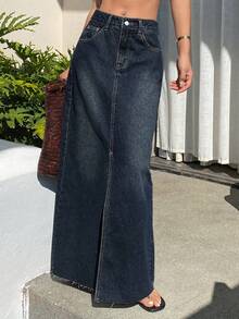 Dazy Tall Falda vaquera recta con dobladillo deshilachado y abertura para mujer alta, estilo casual de calle - Azul lavado oscuro - Ver 5