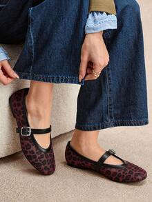 Rosivie Women's Casual Leopard Print Buckle Design Flat Loafers, Versatile For Daily Wear - Burgundy - View 10